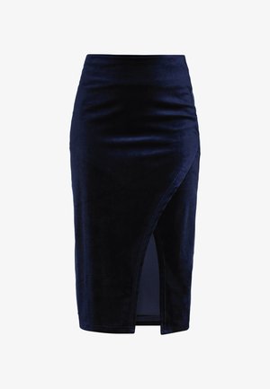 Navy velvet pencil skirt with a side slit and ruching detail. Smooth texture, form-fitting design, knee-length with clean edges.