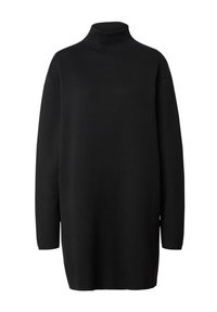 Schwarzer Rollkragenpullover, oversize Design, lange Ärmel, gerippte Bündchen, weiche Textur, nahtlose Verarbeitung, knielange Silhouette.