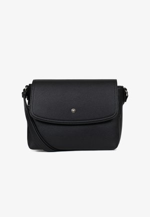 Borsa a tracolla nera in pelle con finitura testurizzata, pattina frontale piatta, chiusura a pressione singola e tracolla regolabile. Forma rettangolare compatta.