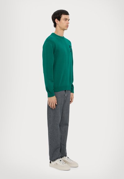 Un pull en tricot vert avec des manches longues, un col rond et un petit logo. Assorti à un jean droit gris et des baskets légères.