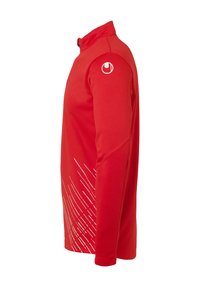 Giacca sportiva rossa con maniche lunghe, colletto alto e motivi lineari bianchi. Presenta un logo sulla spalla ed è realizzata in materiale leggero.