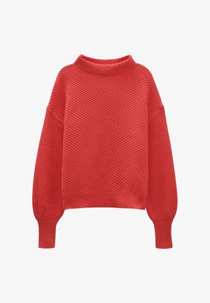 Rode gebreide trui met een hoge hals, verlaagde schouders, getextureerde diagonale patronen en geribde mouwen en zoom.
