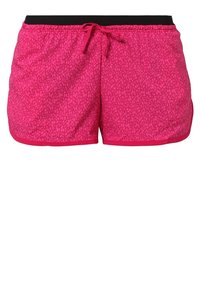 Shorts roses avec une ceinture noire élastique, ornés d'un motif texturé de petits points, et un cordon de serrage pour un ajustement réglable.