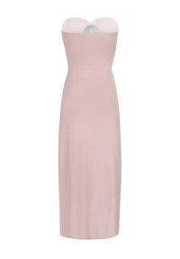 Hüftfreies, bodenlanges Kleid aus weichem pinkfarbenem Stoff, mit gerafftem Oberteil und einem dekorativen runden Akzent auf der Rückseite.