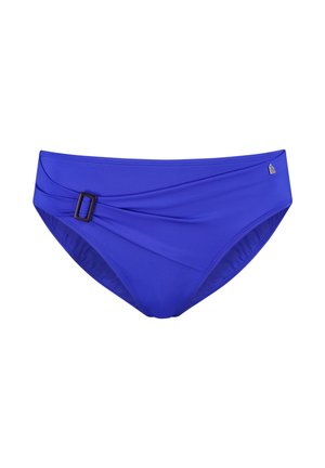 Blauwe vrouwenbikini onderkant met zijknoopdetail en licht geplooide stof aan de voorkant, geïsoleerd op een witte achtergrond.