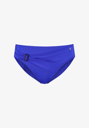 Blauwe vrouwenbikini onderkant met zijknoopdetail en licht geplooide stof aan de voorkant, geïsoleerd op een witte achtergrond.