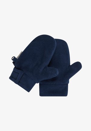 Paar marineblaue Fleece-Fäustlinge mit verstellbaren Handgelenkriemen und kleinen Aufhängeösen vor weißem Hintergrund.
