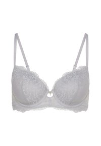 Grijze kanten beha met een gladde afwerking, ondersteuning met beugel, golfachtige randen en een decoratieve gouden hanger in het midden. Verstelbare banden.