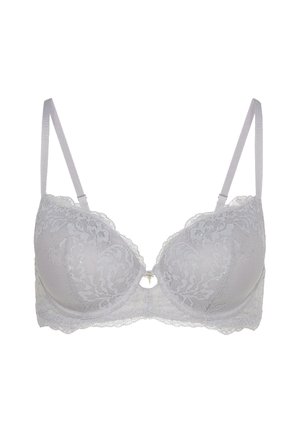 Grå blondebh med en glat finish, undertråd støtte, bølgede kanter og en dekorativ guldkæde i midten. Justerbare stropper.