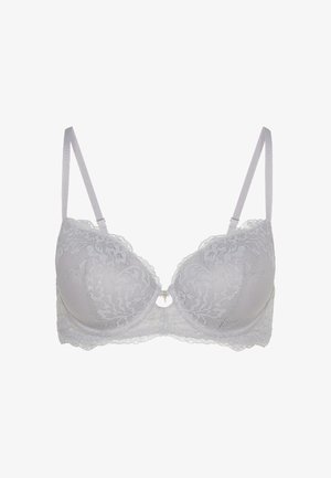 Sujetador de encaje gris con un acabado suave, soporte de varilla, bordes festoneados y un charm decorativo dorado en el centro. Tirantes ajustables.