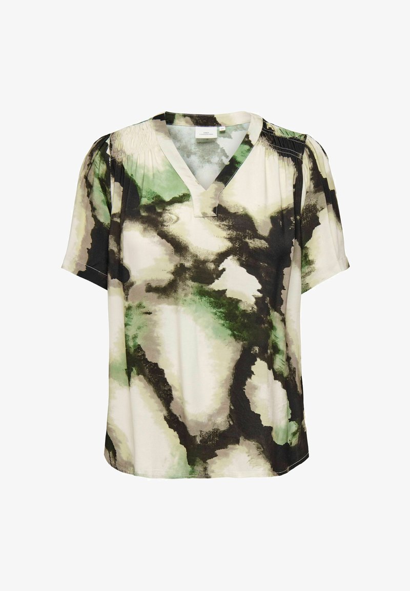 Bluzica z V-izrezom in kratkimi rokavi z zelenim, črnim in bež abstraktnim akvarelnim vzorcem ter nabranim detajlom na ramenih.