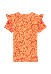 Oranžs īsām piedurknēm tops ar dzeltenu ziedu rakstu, ar atsegtiem plecu akcentiem un ribotu tekstūru.