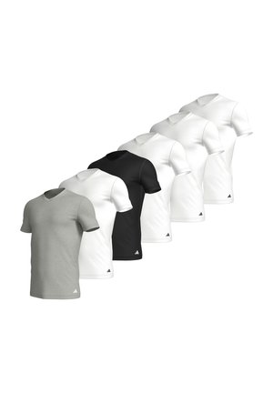T-shirts à col en V en gris, noir et blanc. Manches courtes, tissu doux, avec un logo discret sur l'ourlet gauche. Cinq t-shirts disposés en rangée.
