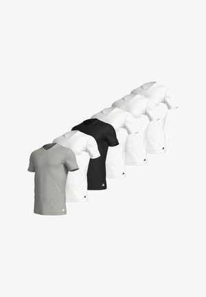 T-shirty z dekoltem w serek w kolorach szarym, czarnym i białym. Krótkie rękawy, miękka tkanina, z dyskretnym logo na lewym dole. Pięć koszulek ułożonych w rzędzie.