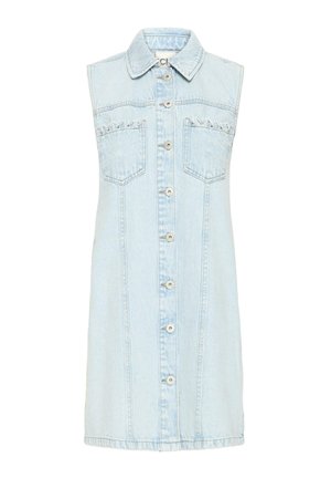 Rochie fără mâneci din denim albastru deschis cu închidere frontală cu nasturi, guler și două buzunare la piept cu cusături decorative.