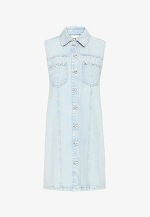 Rochie fără mâneci din denim albastru deschis cu închidere frontală cu nasturi, guler și două buzunare la piept cu cusături decorative.