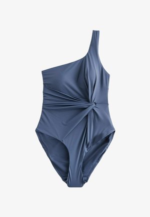 Costum de baie cu un singur umăr, dintr-un material moale de culoare gri ardezie, cu detalii pliate la talie și o textură netedă.