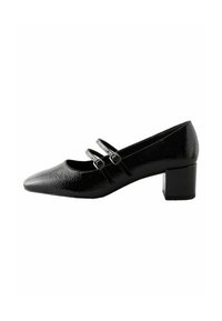 Black patent leather pump with a pointed toe, featuring two adjustable straps, and a chunky heel. The design has a textured finish.