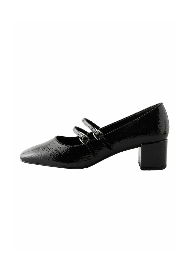 Black patent leather pump with a pointed toe, featuring two adjustable straps, and a chunky heel. The design has a textured finish.