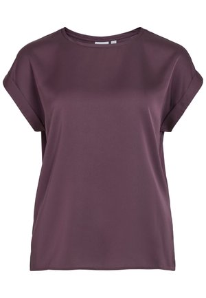 Violetas krāsas īsrokas sarkana blūze ar apvītām aprocēm un apaļu kakla izgriezumu, attēlota uz vienkārša balta fona.