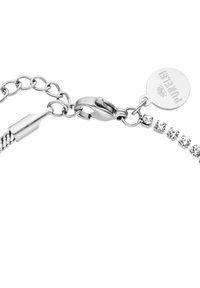 Silberarmband mit geflochtenem Design, verziert mit klaren Kristallen und einem runden Anhänger, der mit "PURELEI" graviert ist. Sicherer Karabinerverschluss.