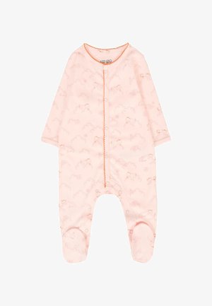 Body neonato rosa pallido con maniche lunghe e piedi, caratterizzato da piccoli motivi di tigri e nuvole, rifiniture arancioni e bottoni a pressione lungo il davanti.