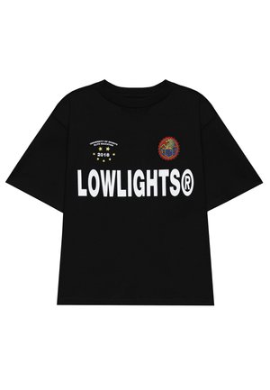 Black cotton t-shirt with a crew neck, featuring bold white text "LOWLIGHTS®," a colorful emblem, and decorative stars above the text.