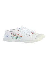 Baskets en toile blanches avec broderies florales colorées sur le côté, bout rond et semelle en caoutchouc blanche avec un design à lacets.