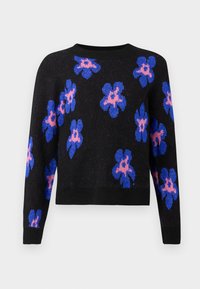 Zwarte sweater met een bloemenpatroon in blauw en roze. Gebreide textuur met een ronde hals en lange mouwen. Korte snit.