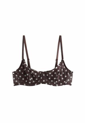 Dark brown underwire bra with adjustable straps, featuring a white polka dot pattern throughout the fabric.