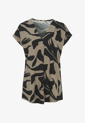 Korte mouwen, V-hals top van beige stof met een zwart abstract bladerenpatroon; losse pasvorm, zachte textuur en een gebogen zoom.