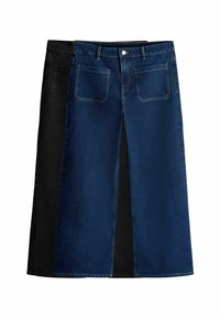 Denimrock in Dunkelblau und Schwarz. Mit einem vorderen Schlitz, fünf Taschen und einem Knopfverschluss. Texturierter Stoff mit kontrastierenden Farben.