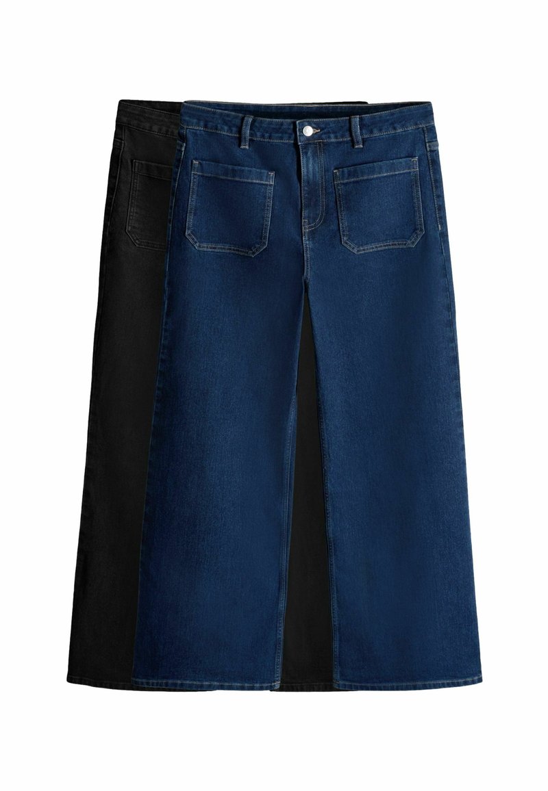 Denimrock in Dunkelblau und Schwarz. Mit einem vorderen Schlitz, fünf Taschen und einem Knopfverschluss. Texturierter Stoff mit kontrastierenden Farben.