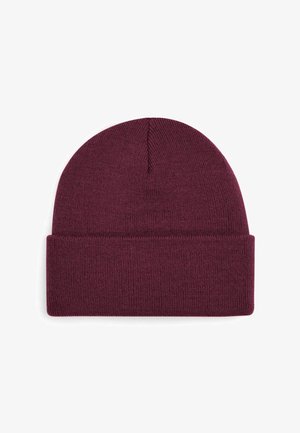 Maroon knit beanie hat with a ribbed fold-over cuff, made of soft fabric, featuring a seamless top and a textured finish.