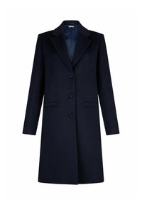 Cappotto blu navy con design su misura, rever a incavo, quattro bottoni, tasche laterali e tessuto liscio. Maniche lunghe e taglio fino al ginocchio.
