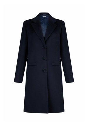 Tmavomodrý kabát s elegantným strihom, výkrojeným golierom, štyrmi gombíkmi, bočnými vreckami a hladkou textúrou. Dlhé rukávy a dĺžka po kolená.