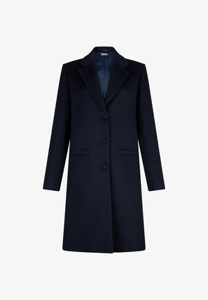 Granatowy płaszcz o dopasowanym kroju, z klapami typu notch, czterema guzikami, bocznymi kieszeniami oraz gładką fakturą. Długie rękawy i długość do kolan.