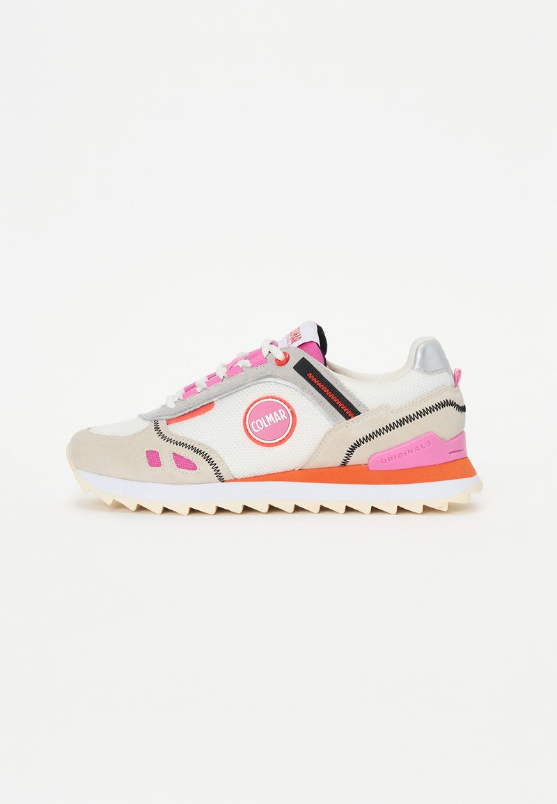 Colmar sneakers feature a white mesh upper with grey suede accents, pink and orange details, and a serrated rubber sole.