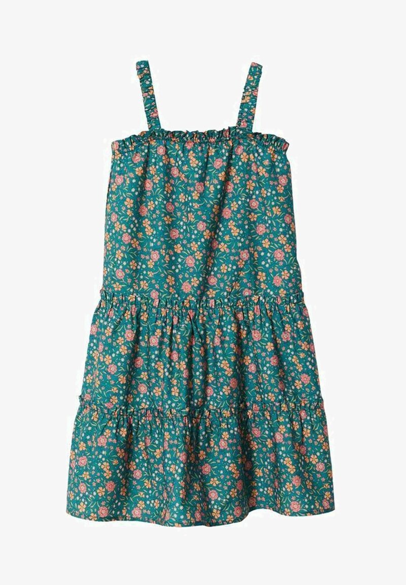 Květinové šaty s tenkými ramínky, nabíraným výstřihem, tyrkysovým pozadím, růžovými a žlutými květy a volánkovým lemem ve více vrstvách. Lehká tkanina.