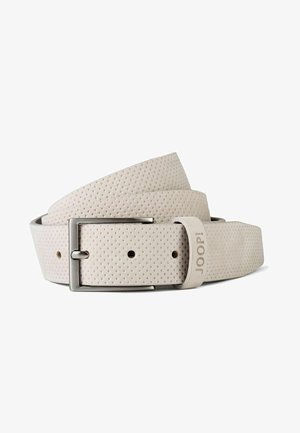 Cintura in pelle beige chiaro con piccolo motivo traforato, fibbia rettangolare argento e "JOOP!" impresso sul passante della cintura.