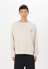 Felpa beige a maniche lunghe, con scollo rotondo, polsini a coste, con una piccola grafica di un sole sul lato sinistro del petto. Tessuto morbido in misto cotone.