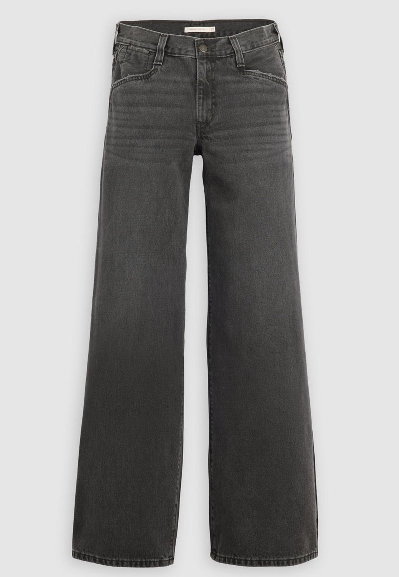Jeans med vida ben i mörkgrå denim, med strukturerad midja med bälteshällor, femficksdesign och subtila blekningsdetaljer på tyget.