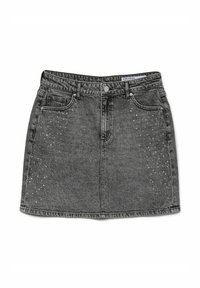 Jupe en denim noir avec un léger effet déchiré et des embellissements en rhinestones sur le côté gauche. Design classique à cinq poches et fermeture à bouton.