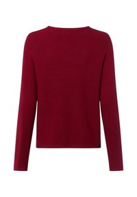 Burgundowy sweter z długim rękawem i okrągłym dekoltem, z rękawami raglanowymi, gładka struktura dzianiny, przedstawiony z tyłu na białym tle.