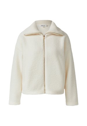 Cremfarbener Fleece-Jacke mit hohem Kragen, durchgehendem Reißverschluss und weicher, strukturierter Oberfläche. Verfügt über lange Ärmel und einen lockeren Schnitt.
