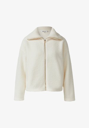 Veste en polaire couleur crème avec un col montant, fermeture éclair intégrale à l'avant et surface douce et texturée. Elle dispose de manches longues et d'une coupe décontractée.