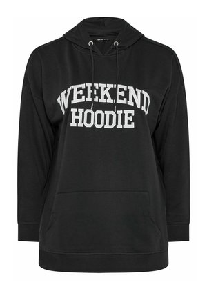 Czarna bluza z kapturem i kieszenią z przodu, z białym napisem "WEEKEND HOODIE" na piersi, wyposażona w kaptur ze sznurkiem i ściągacze na mankietach.