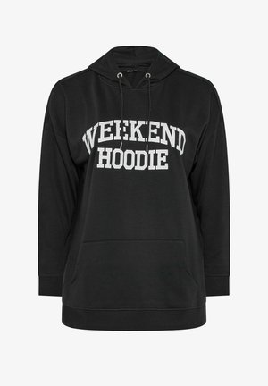 Schwarzer Pullover mit Kapuze und Fronttasche, weißer Schriftzug "WEEKEND HOODIE" auf der Brust, mit Kordelzugkapuze und gerippten Bündchen.