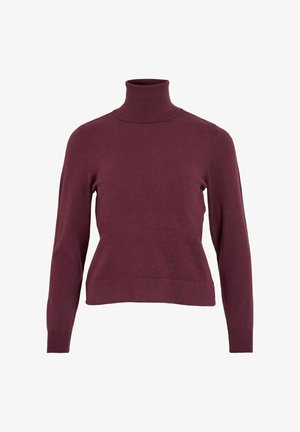 Burgundska pulover s rol vratom izrađen od mekog pletenog materijala; ima uske dugačke rukave i malo skraćeni rub. Glatka tekstura, bez uzoraka.