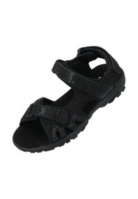 Sandalia negra con tiras ajustables de Velcro, detalles texturizados, diseño abierto y una suela de goma resistente para mayor tracción.